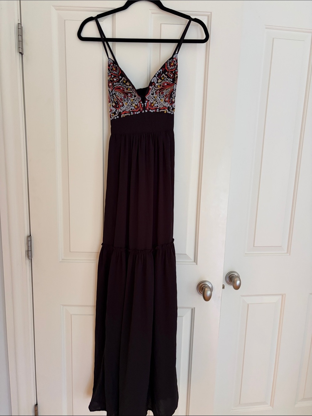 Spaghetti-Strap Maxi Dress with Embroidered V-Neck
